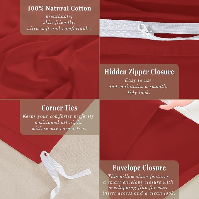 100-Percent Cotton Duvet Cover Set, Hidden Zipper Closure, Ultra Soft, Easy Care and Durable, Simple Bedding Style, King, Red (Comforter Not Included)