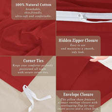100-Percent Cotton Duvet Cover Set, Hidden Zipper Closure, Ultra Soft, Easy Care and Durable, Simple Bedding Style, Queen, Red (Comforter Not Included)