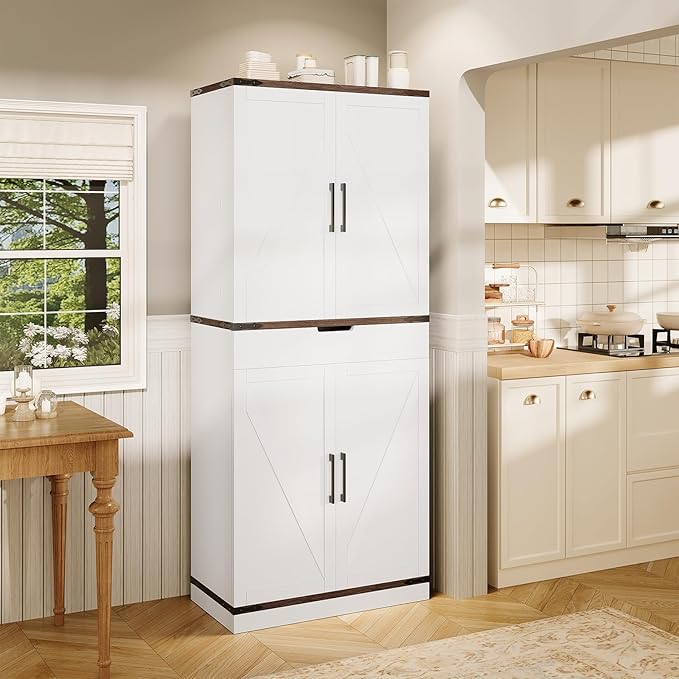 72" Tall Storage Cabinet, Kitchen Pantry Cabinet with Adjustable Shelves & Sturdy Steel Frame, Farmhouse Pantry Storage with 4 Barn Doors for Kitchen, Dining Room, and Living Room, White
