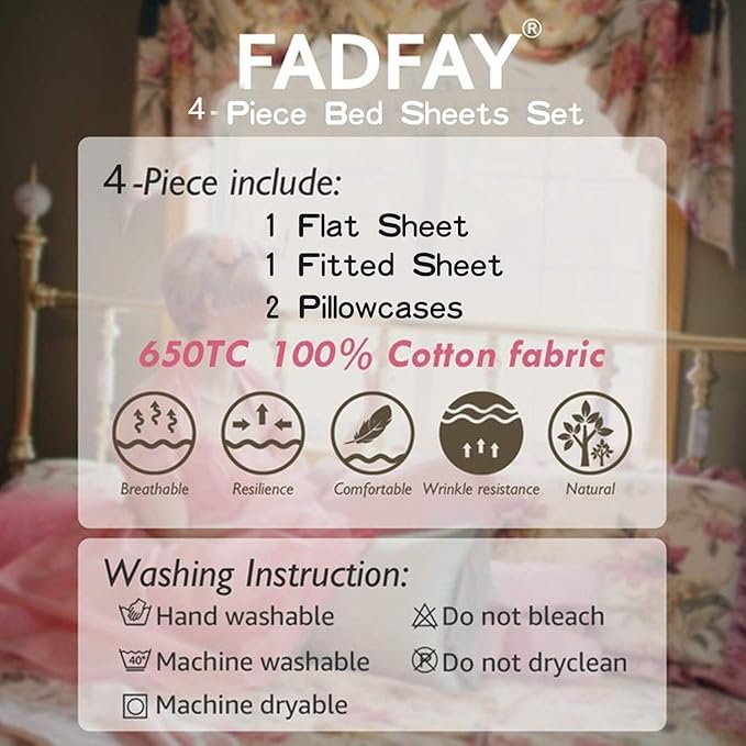 FADFAY Cotton Bed Sheets Set Rose Floral Bed Sheets 4-Piece Queen Size