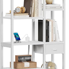 Furologee 6 Tier Bookshelf with USB Ports and Power Outlet, Book Shelf with Charging Station, Bookcase with Drawer, Storage Shelves for Bedroom,Home Office, Living Room, Bathroom, White