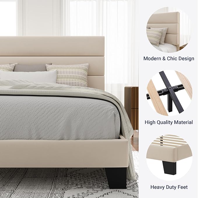 Allewie Queen Size Platform Bed Frame with Velvet Upholstered Headboard and Wooden Slats Support, Fully Upholstered Mattress Foundation/No Box Spring Needed/Easy Assembly, Cream