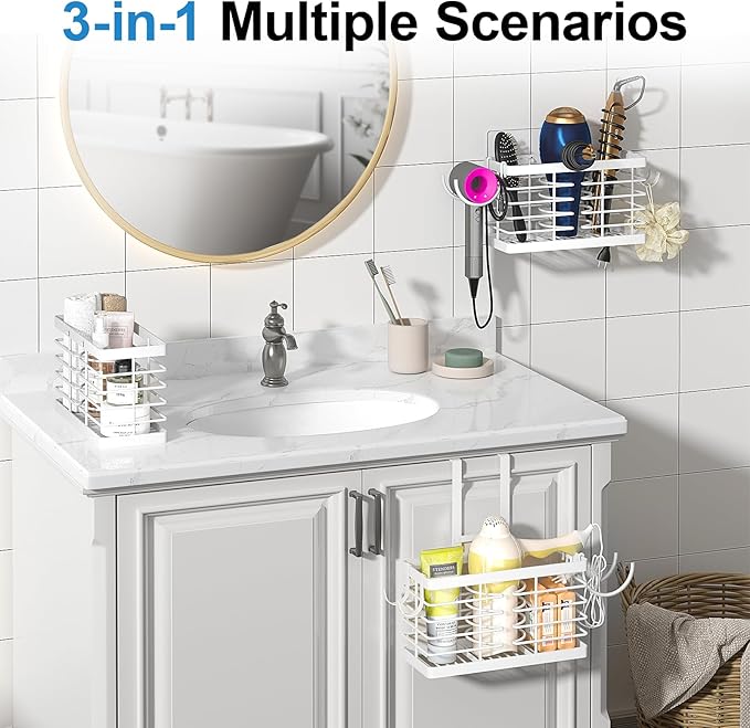 Hair Tool Organizer, 3-in-1 Universal Hair Dryer Holder, Adjustable Height Metal Blow Dryer Holder Wall Mounted/Over Cabinet Door/Free-Standing, Bathroom Organizer and Storage(White)