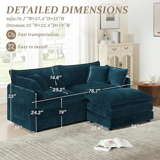 SoarFlash Chenille Sectional Sofa, Comfy L Shaped Modular Coush Sofa with Ottoman, Modern 2 Seat Couch Deep Seat Sofa Set for Living Room,Deep Blue