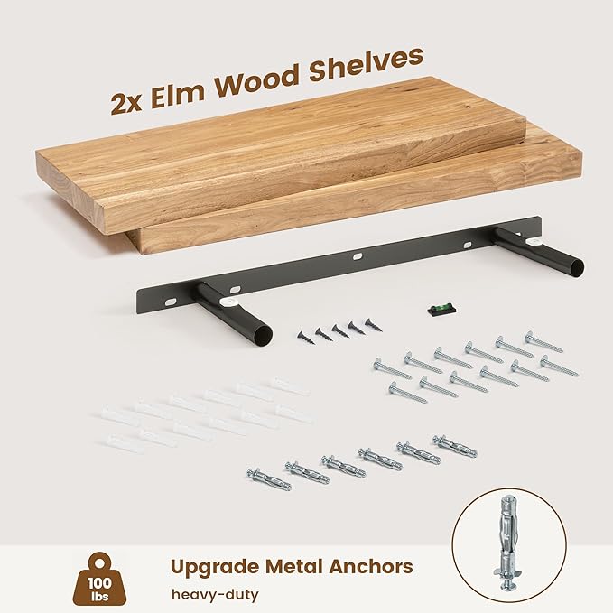 Elm Floating Shelves for Wall Decor, Rustic Solid Wood Shevles Wall Mounted with Invisible Bracket for Living Room Bathroom Bedroom Kitchen, 24 Inch Set of 2, Natural