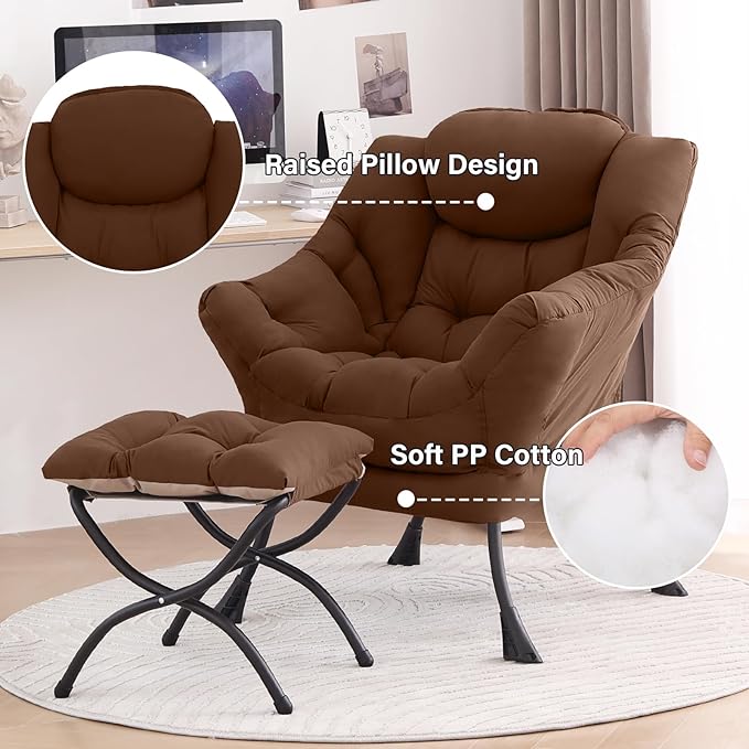 Tiita Lazy Chair with Ottoman, Modern Large Accent Lounge Armchair, Comfy Leisure Sofa Reading Chair with Footrest for Bedroom, Living Room, Dorm Rooms, Garden and Courtyard, Brown
