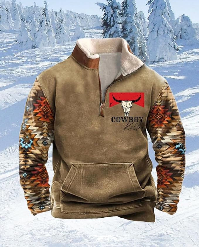 Western Sweatshirts for Men Aztec Cowboy Vintage Graphic Fleece Hoodie Mens Quarter Zip Pullover Country Jacket