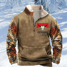 Western Sweatshirts for Men Aztec Cowboy Vintage Graphic Fleece Hoodie Mens Quarter Zip Pullover Country Jacket
