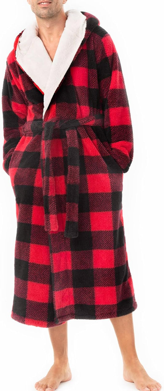 DAVID ARCHY Men's Hooded Robe Soft Coral Fleece Microfiber Bathrobe