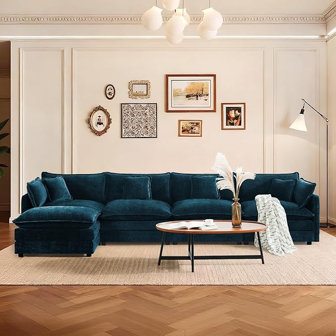 SoarFlash Chenille Sectional Sofa, Comfy L Shaped Modular Coush Sofa with Ottoman, Modern 4 Seat Couch Deep Seat Sofa Set for Living Room,Deep Blue