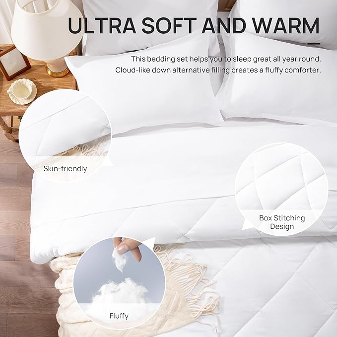 Love's cabin Queen Comforter Set White, 7 Pieces Queen Bed in a Bag, All Season Bedding Sets with 1 Comforter, 1 Flat Sheet, 1 Fitted Sheet, 2 Pillowcase and 2 Pillow Sham