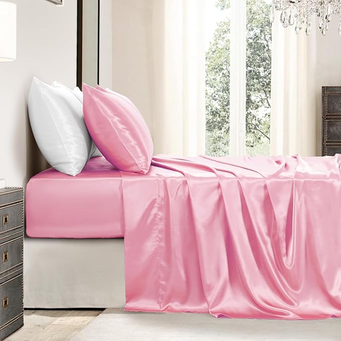 Satin Sheets Full Size - 4 Pieces Luxury Silky Soft Bed Sheets, Wrinkle-Free Light Pink Satin Silk Sheet Set with 1 Deep Pocket Fitted Sheet, 1 Flat Sheet, 2 Pillow Cases