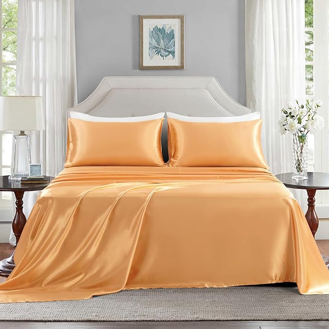 Satin Sheets Queen Size - 4 Pieces Luxury Silky Soft Bed Sheets, Wrinkle-Free Gold Satin Silk Sheet Set with 1 Deep Pocket Fitted Sheet, 1 Flat Sheet, 2 Pillow Cases