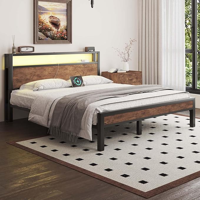 Queen Size Bed Frame with Storage Headboard, Industrial Platform Bed with Charging Station and LED Lights, Heavy Duty Metal Slats, No Box Spring Need, Noise Free, Rustic Brown