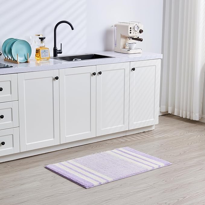 CozeCube Bath mats for Bathroom Non Slip, Fluffy Absorbent Microfiber Bath mat Washable, Aesthetic Bathroom Rugs, Small Purple Striped Bath mat, Lavender, 24" x 16"