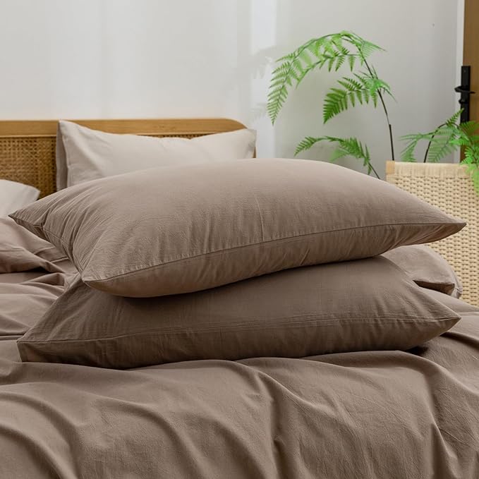 BESTOUCH Duvet Cover Set 100% Washed Cotton Linen Feel Super Soft Comfortable Chic Lightweight 3 PCs Home Bedding Set Solid Pine Bark Brown Cal King