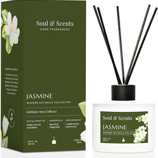 Soul & Scents Reed Diffuser Set – Jasmine | 7.43 oz Refillable Scented Oil with 6 Fiber Sticks | Long-Lasting Home Fragrance & Air Freshener for Bedroom, Bathroom, Office | Gift & Décor Piece