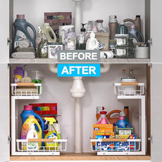 Under Sink Organizer 2 pack, 2 Tier Slide Out Under Sink Organizers And Storage, Height Adjustable Pull Out Cabinet Drawers, Kithcen Bathroom Metal Storage Caddy Shelf, White