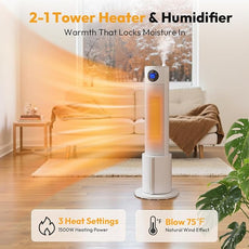 Space Heater with Humidifier - Portable Tower Heater for Indoor Use with 1L Water Tank, Space Heater Large Room, Office, Bedroom, Oscillation, 3 Heating Modes, 12H Timer, Tip-over Protection