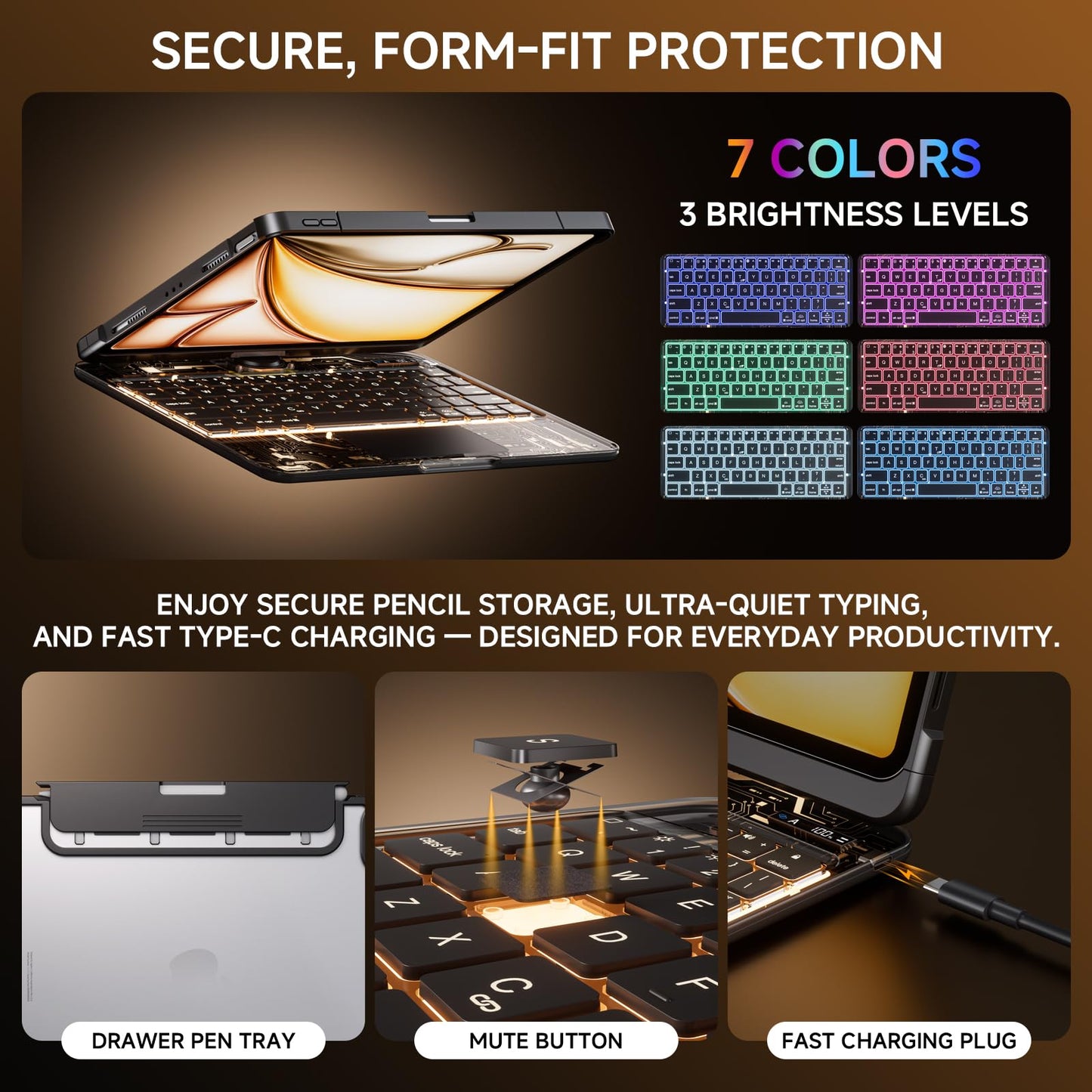 Transparent Keyboard Case for iPad 11” (10th & 11th Gen) – 360° Rotating, Backlit, Trackpad