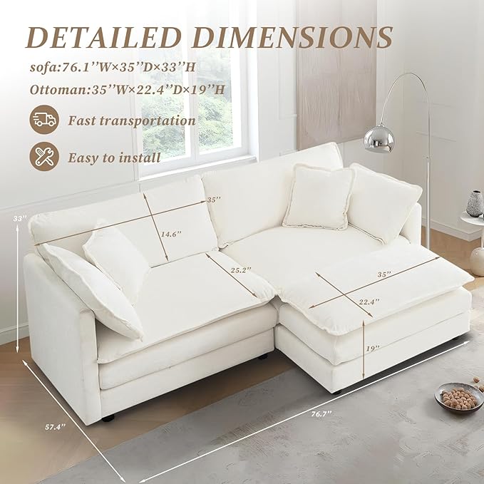 SoarFlash Chenille Sectional Sofa, Comfy L Shaped Modular Coush Sofa with Ottoman, Modern 2 Seat Couch Deep Seat Sofa Set for Living Room,White
