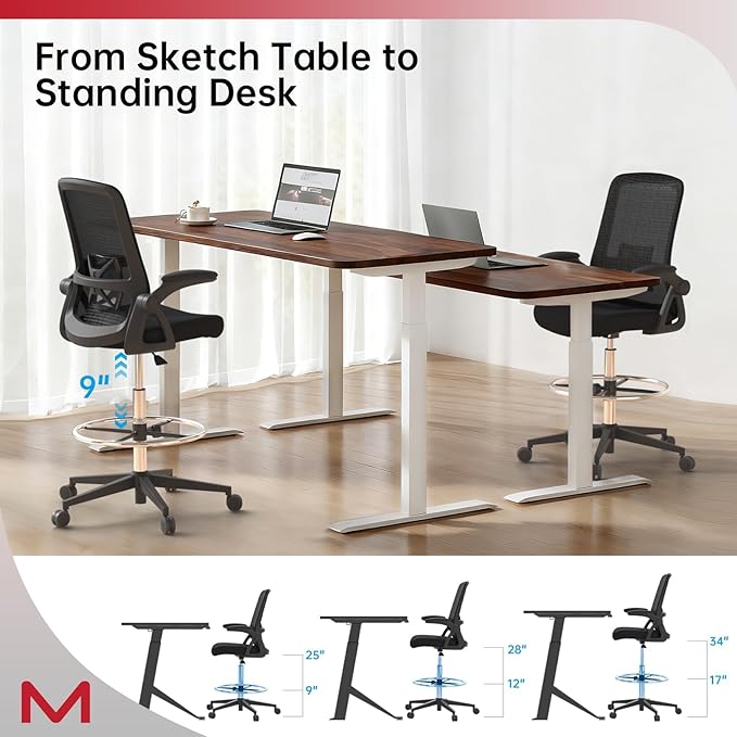 Drafting Chair,Tall Office Chair with Lumbar Support,Ergonomic Tall Desk Chair with Flip Up Armrests,Standing Desk Chair withAdjustable Footrest Ring,High Office Chair