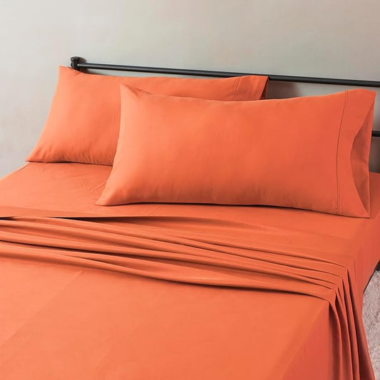 Amazon Basics Lightweight Microfiber 4-Piece Bed Sheet Set, Brick, Solid, King AmazonBasics