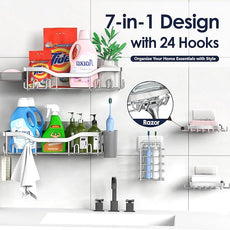 Shower Caddy Adhesive Shower Organizer 7-Pack, Rustproof Stainless Steel Bathroom Shelves, Large Capacity No-Drill Rack Storage Accessories with Soap Dish Toothbrush Holder Hooks (Silver)
