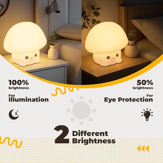 LED Squishy Animal Night Light - 2 Level Dimmable Nursery Lamp, Rechargeable Touch Lamp, Cute Dorm Decor - Perfect Boys Girls Gift (Cartoon Mushroom)