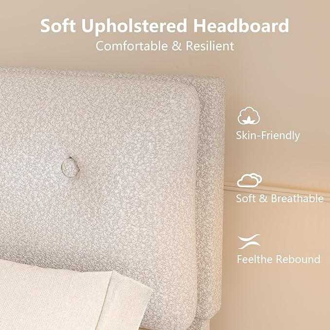 Queen Bed Frame with Headboard, Cloud Boucle Upholstered Bed Frame, Modern Soft Style, Adjustable Headboard, No Box Spring Needed, Easy Assembly, White
