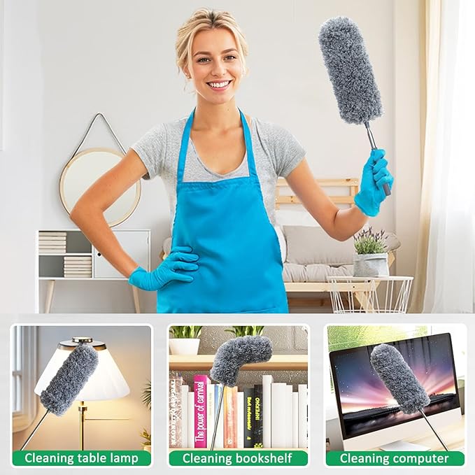 2 Pack Microfiber Feather Duster for Cleaning, Hand Washable Dusters with Extendable Pole, Cleaning Tools for Office, Car, Window, Furniture, Ceiling Fan
