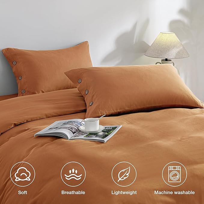 JELLYMONI Pillowcases King Set of 2 Cotton Button Pillow Covers 20×36in Caramel Bed Pillow Cases 100% Washed Cotton Soft Breathable (Pillows are not Included)