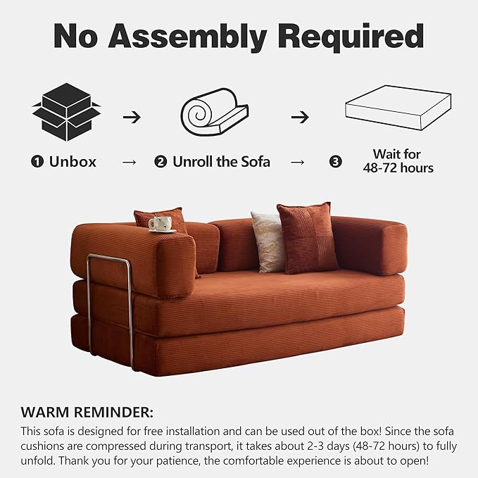 98.4" Convertible Sofa Bed - Compression Sofa with Corduroy Fabric - with Armrests and Backrest - Modular Sectional for Living Room, Bedroom, Studio - Compression Sofa in Box (Orange)
