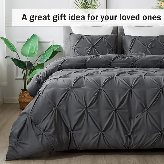 Andency Dark Gray Oversized King Comforter Set (120x98Inch), 3 Pieces Lightweight Pinch Pleat Cal King Bedding Comforters & Sets, Oversized Pintuck Soft Fluffy Down Alternative Bed Set for All Season
