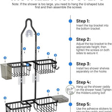 Adjustable Shower Caddy Hanging for Handheld Showerheads - Never Rust Shower Hanging Organizer, Upgraded Bathroom Shower Rack with Soap Basket, Hooks and Toothbrush Holder (Black)