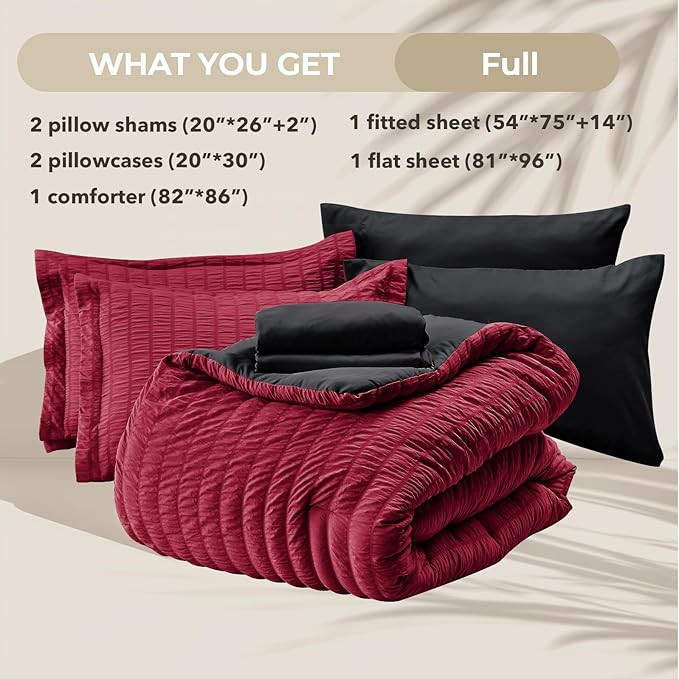 HYMOKEGE Red & Black Full Size Comforter Sets Seersucker 7 Pieces, All Season Luxury Bed in a Bag for Bedroom, Bedding Set with Comforters, Sheets, Pillowcases & Shams