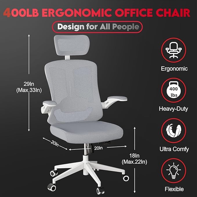 Ergonomic Office Chair - 400LB Comfy Desk Chairs with Adjustable Headrest and Lumbar Back Support, Mesh Computer Chairs with Wheels and Arms for Home Office, Study (669Gray-With Headrest)