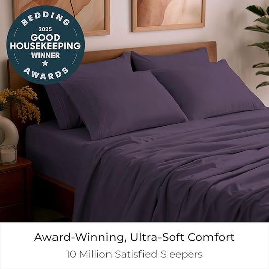 Mellanni California King Sheet Set - 6-Piece Iconic Collection Bedding, (Including 4 Pillowcases), 16-Inch Deep Pocket, Easy Care, Extra Soft, Cooling Sheets, Brushed Microfiber - Purple