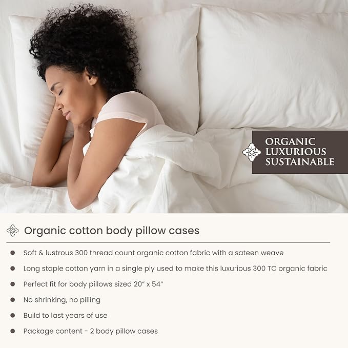 Bioweaves 100% Organic Cotton Body Pillow Case Cover with Zipper for Body Pillow | 300 Thread Count, Soft Sateen Weave, GOTS Certified | 21x54 Inches, Glacier Gray, Set of 2
