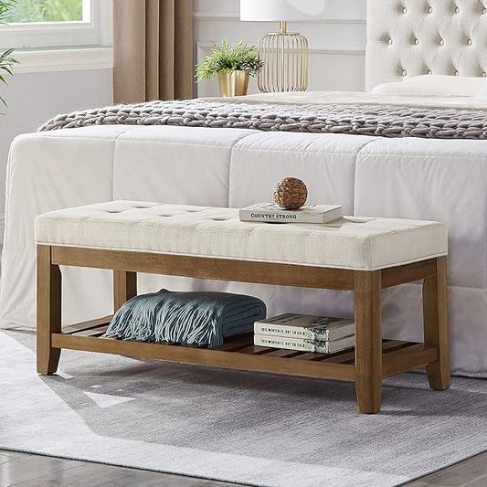 24KF Large Rectangular Upholstered Tufted Linen Ottoman Bench, Padded Bench with Solid Wood Shelf-Ivory
