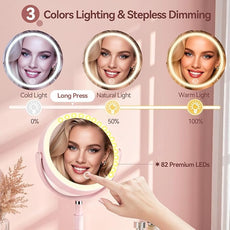 Shinowa Makeup Mirror with Lights, 1X/20X Lighted Magnifying Mirror with Storage for Makeup & Jewelry, 2-Sided Height Adjustable Vanity Mirror with 3 Color Lights, 360° Rotation & Rechargeable, Pink