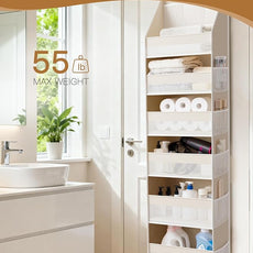 Criusia Over the Door Organizer, 6-Shelf Closet Hanging Storage with 13 Mesh Pockets, 55lbs Capacity Behind the Door Storage for Baby Nursery, Bathroom, Bedroom, and Dorm, Beige