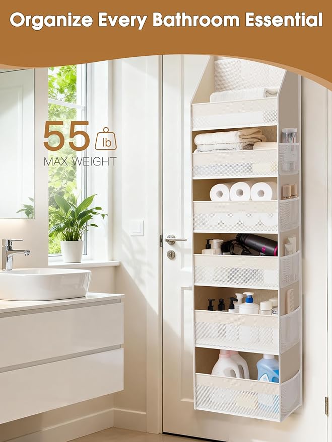 Criusia Over the Door Organizer, 6-Shelf Closet Hanging Storage with 13 Mesh Pockets, 55lbs Capacity Behind the Door Storage for Baby Nursery, Bathroom, Bedroom, and Dorm, Beige