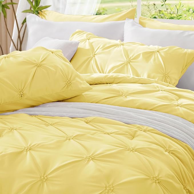 BEDELITE Light Yellow Twin Comforter Set - 2 Peices Boho Pintuck Bedding Comforter Sets, Lightweight Soft & Warm Twin Bedding Sets with 1 Pillowcase for All Season