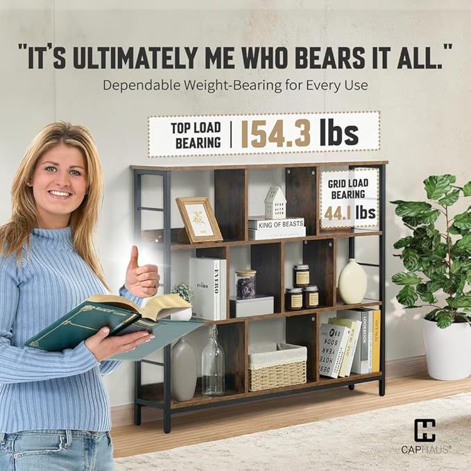 CAPHAUS 10 Cube Storage Organizer, 48” Wide 3 Tier Rustic Oak Industrial Open Shelf Bookcase, Display Shelf, Horizontal Bookshelf with Metal Frame, Wooden Board, for Living Room, Bedroom, Office