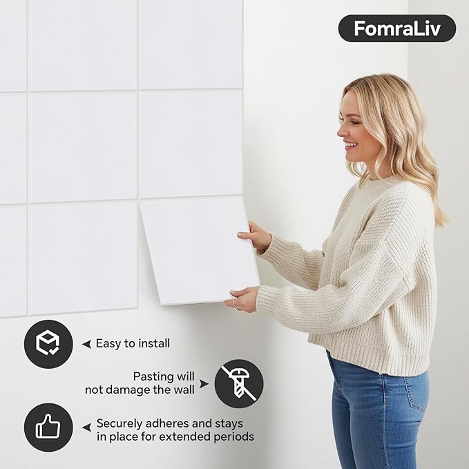 12-Piece White Felt Wall Panels 48×36", Damage-Free Bulletin Board Set with 100 Adhesive Pads & 35 Pushpins, Cork Board Alternative for Home Office Classroom