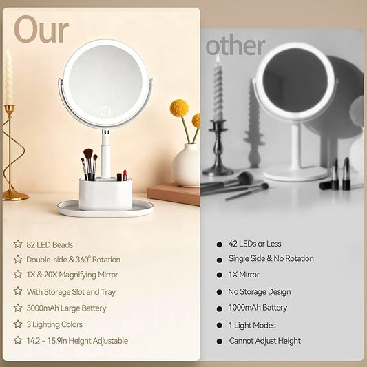 Shinowa Makeup Mirror with Lights, 1X/20X Lighted Magnifying Mirror with Storage for Makeup & Jewelry, 2-Sided Height Adjustable Vanity Mirror with 3 Color Lights, 360° Rotation & Rechargeable, White