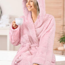 PAVILIA Women Hooded Plush Soft Robe | Fluffy Warm Fleece Sherpa Shaggy Bathrobe