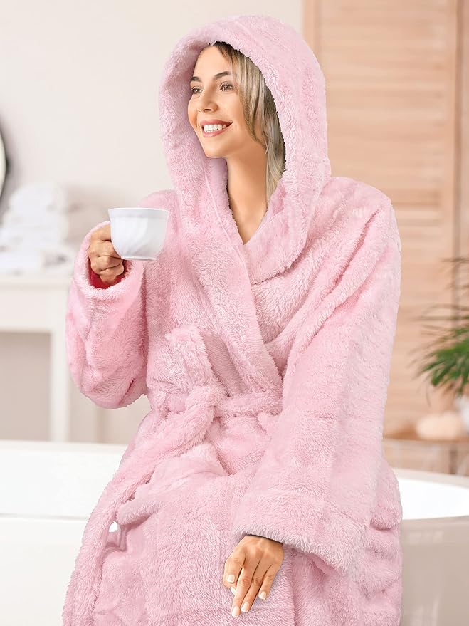 PAVILIA Women Hooded Plush Soft Robe | Fluffy Warm Fleece Sherpa Shaggy Bathrobe