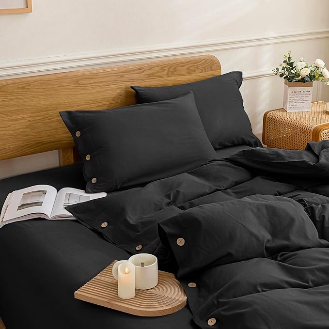 JELLYMONI Cotton Duvet Cover Queen Size - Pure Black Comforter Cover with Button 100% Washed Cotton 3PCS Breathable Soft Solid Bedding Set Duvet Cover 90×90in & 2 Pillowcases (NO Comforter)